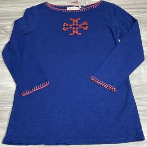 Tory Burch Jayda Embroidered Beaded 3/4 Sleeve T-Shirt in Navy Sea